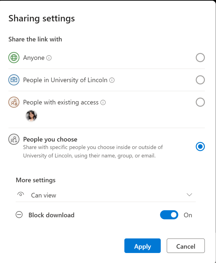 Screenshot of sharing setting with option to share recording with different groups/individuals.