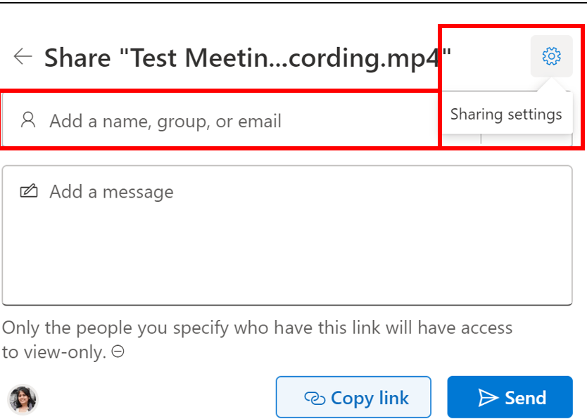 Screenshot of share option with field to enter email and sharing setting highlighted in red box.