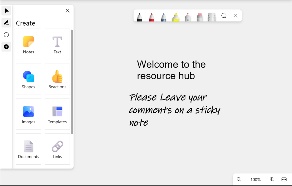Screenshot of create text option in Microsoft whiteboard.