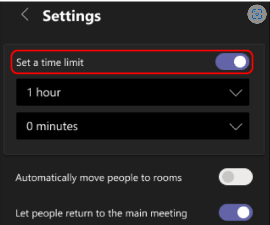 Screenshot to set the time limit for the breakout room in the meeting setting.