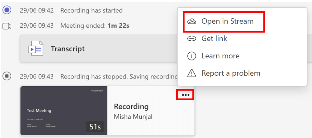 Screenshot of meeting recording tab with three dots and open in stream option highlighted in red box.
