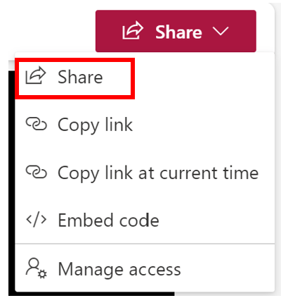 Screenshot of share option and dropdown with option to share or copy link and manage access. With share option highlighted in red. 
