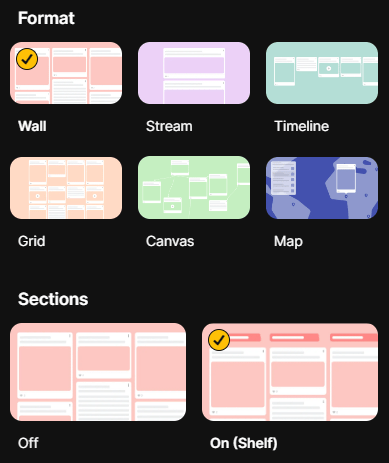 Screenshot of the "Formats" section of the Padlet creator menu. Wall has been ticked and Sections has been ticked on.