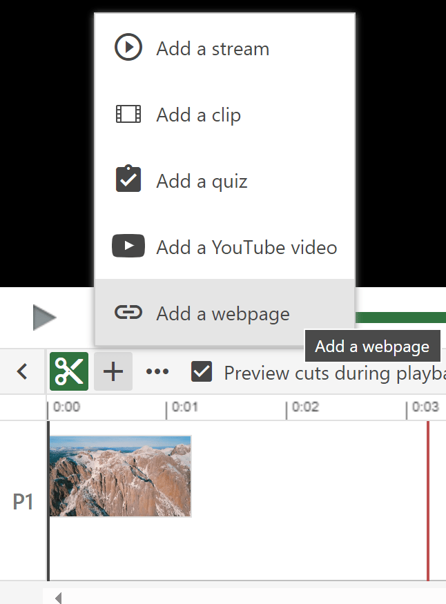 A closeup screenshot of adding an activity to a Panopto video, a plus icon opens a context menu, the menu item "Add a webpage" is highlighted.