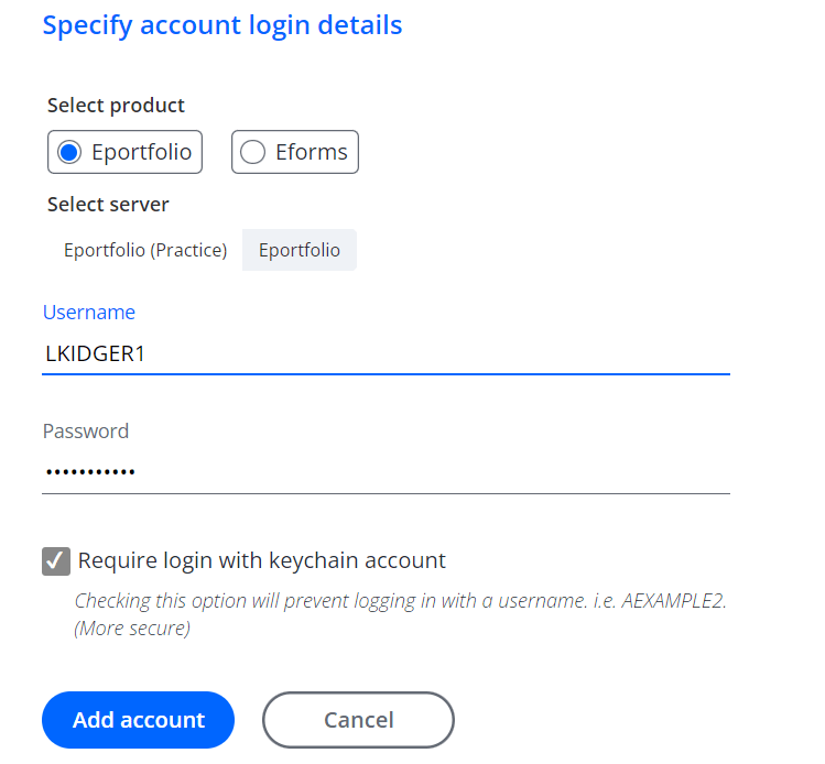 A screenshot of the Add Account page in One File. There are a number of fields shown for username, password, and whether the account should require keychain login.