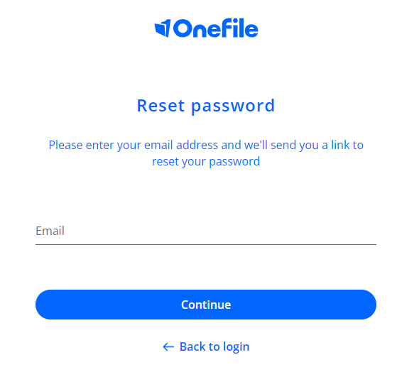 A screenshot of the One File password reset page.