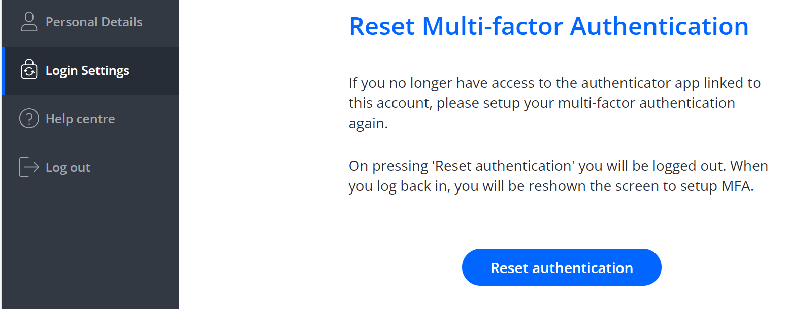 The Reset your Multifactor Authentication page is shown. The left hand menu contains an option labelled Login Settings.